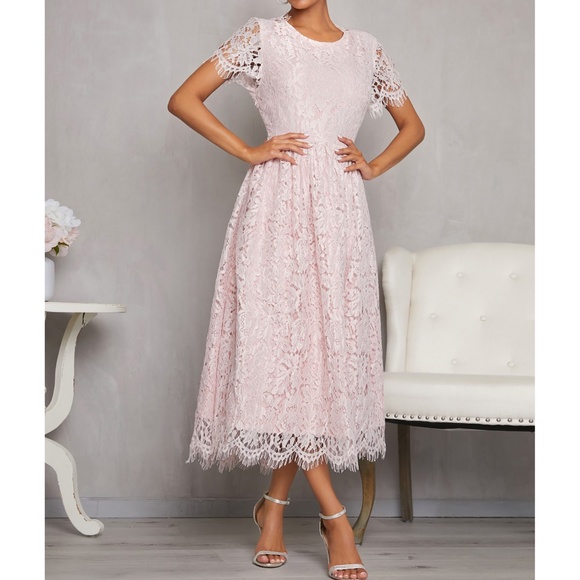 Pink Tie Open Back Fit & Flare Lace Midi Dress - Picture 2 of 6